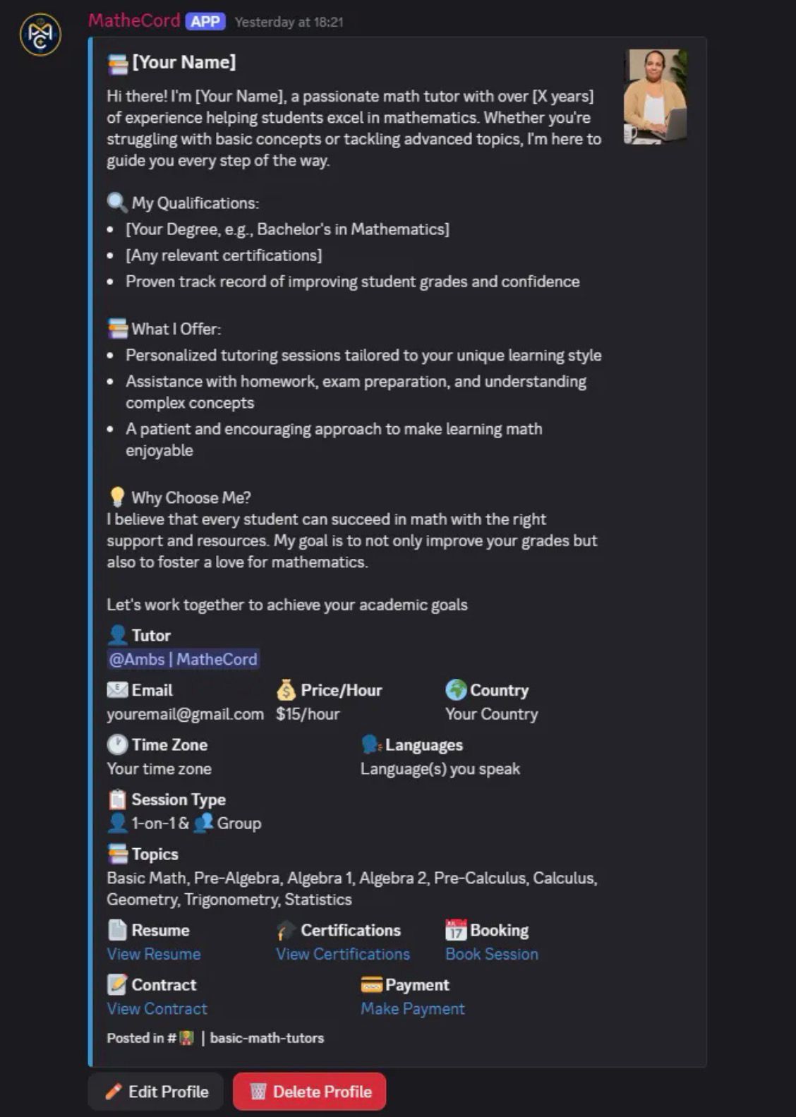 MatheCord tutor profile preview