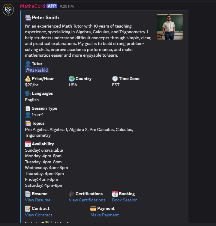 The same tutor profile posted automatically as a card in the MatheCord Discord server