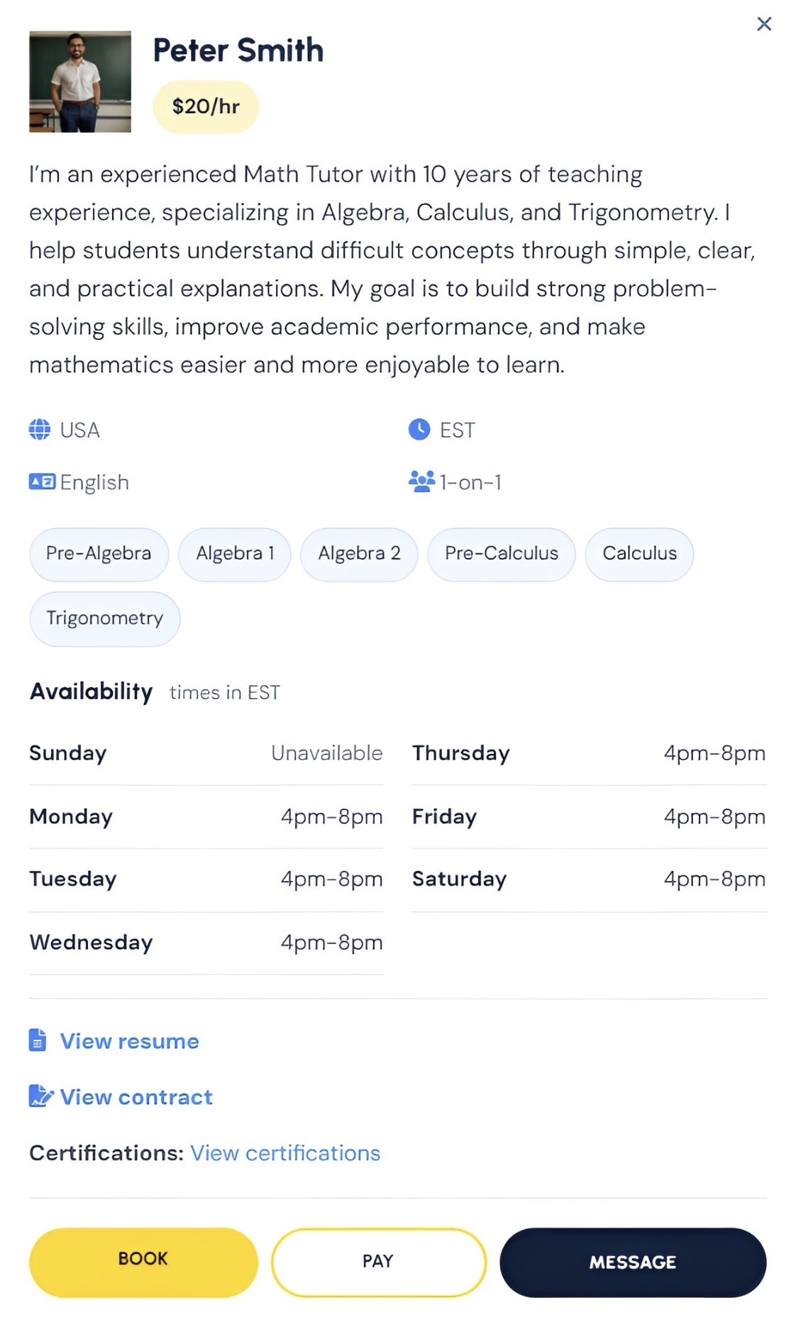 A MatheCord tutor profile showing hourly rate, topics, languages and a weekly availability grid